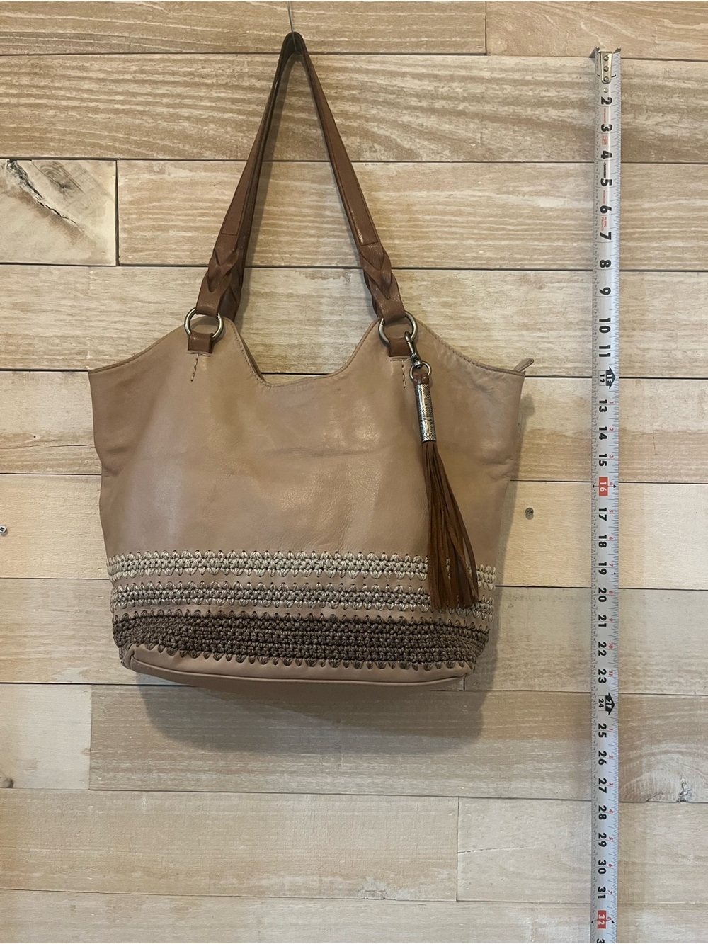 The Sak Taupe Tote with Brown Tassel and Braided Trim Minimalist Neutral - Picture 2 of 11